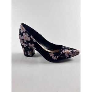Rampage Black Velvet Block Heel Pumps with Pink Floral Embroidery